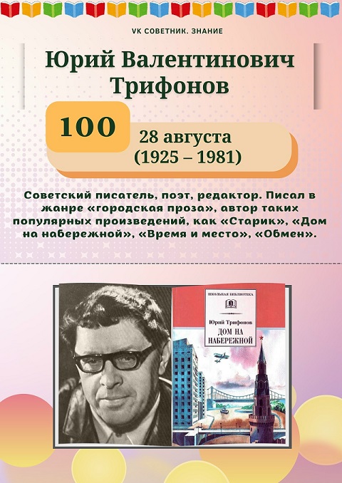 28 августа исполняется 100 лет со дня рождения советского писателя Юрия Трифонова, мастера «городской» прозы (12+)